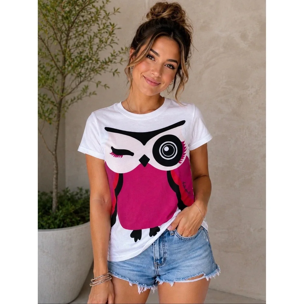 NEW Kate Spade New York Owl Graphic Tee Fresh White Pink whimsical artsy classy